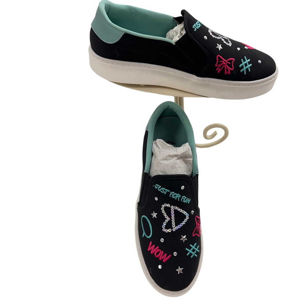 Tweenie Girls Black Slip On Sneakers Just For Fun Heart Sequins Size US 8 NEW